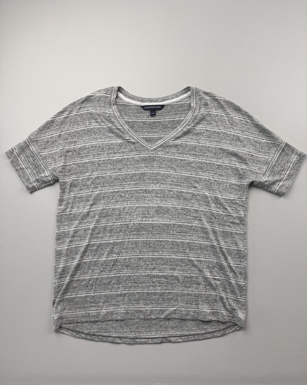 Calvin Klein Jeans Shirt Mens Medium Gray Striped V-Neck Tee Lightweight Casual